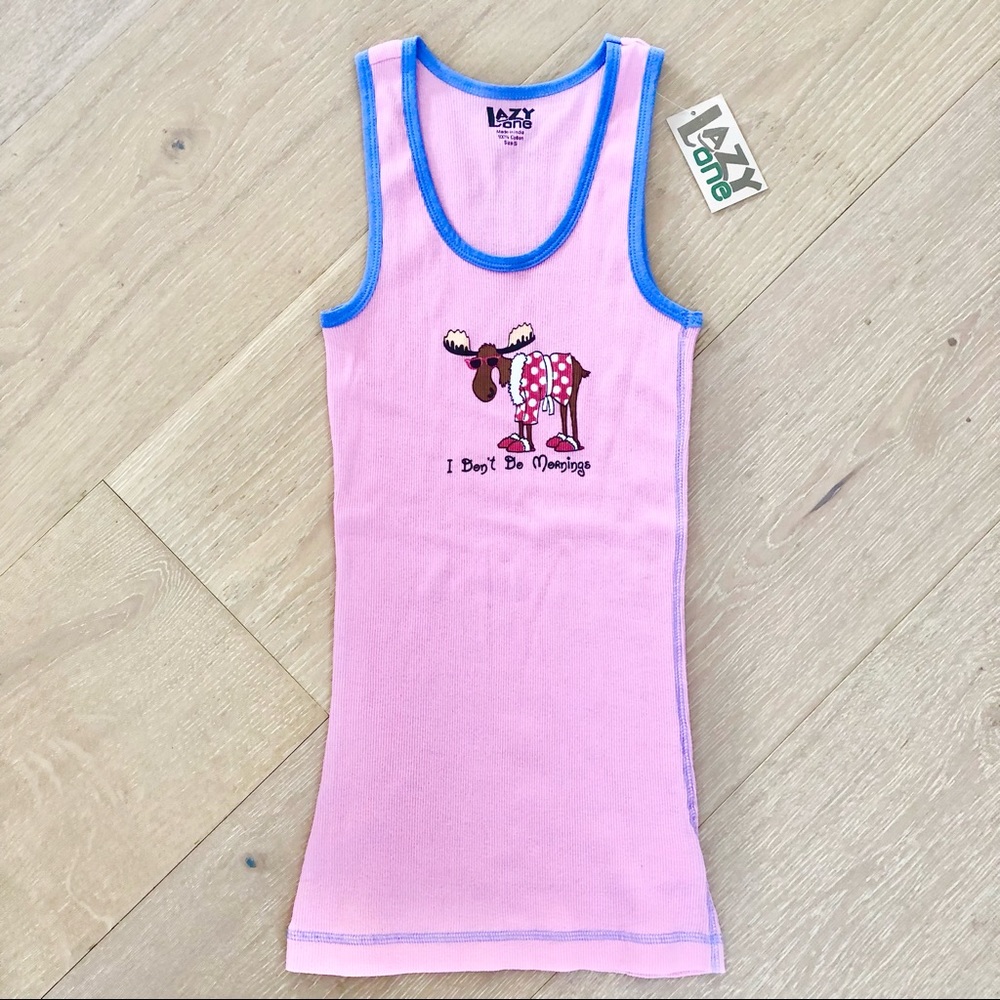 ⭐️Lazy One⭐️Pink Moose Graphic Ribbed Tank Top Cotton Tee T-Shirt Wo's S Small